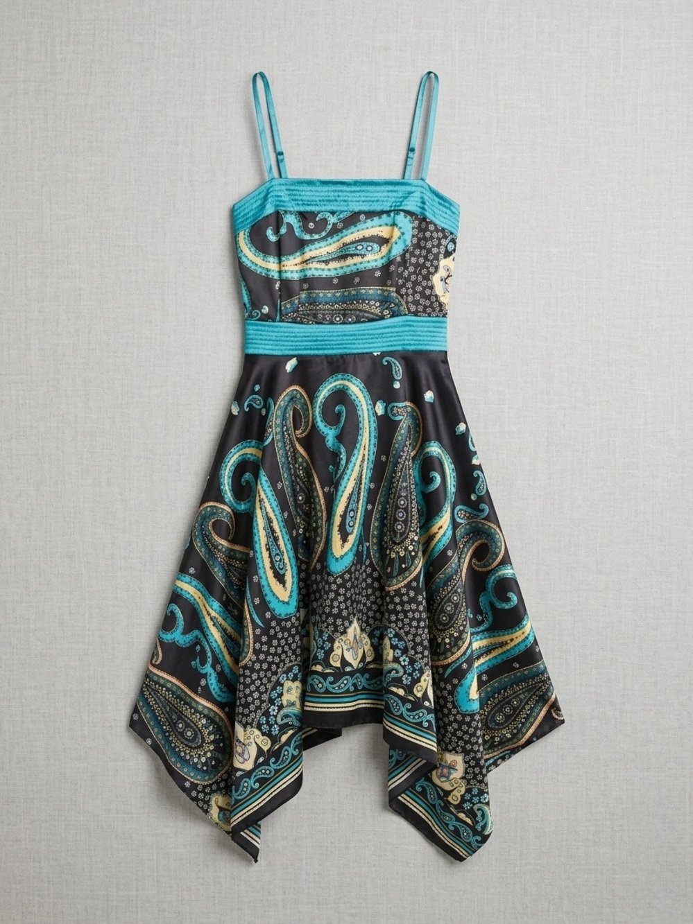 Ga-Pong Satin Teal and Black Paisley Handkerchief Hem Dress Made in Thailand